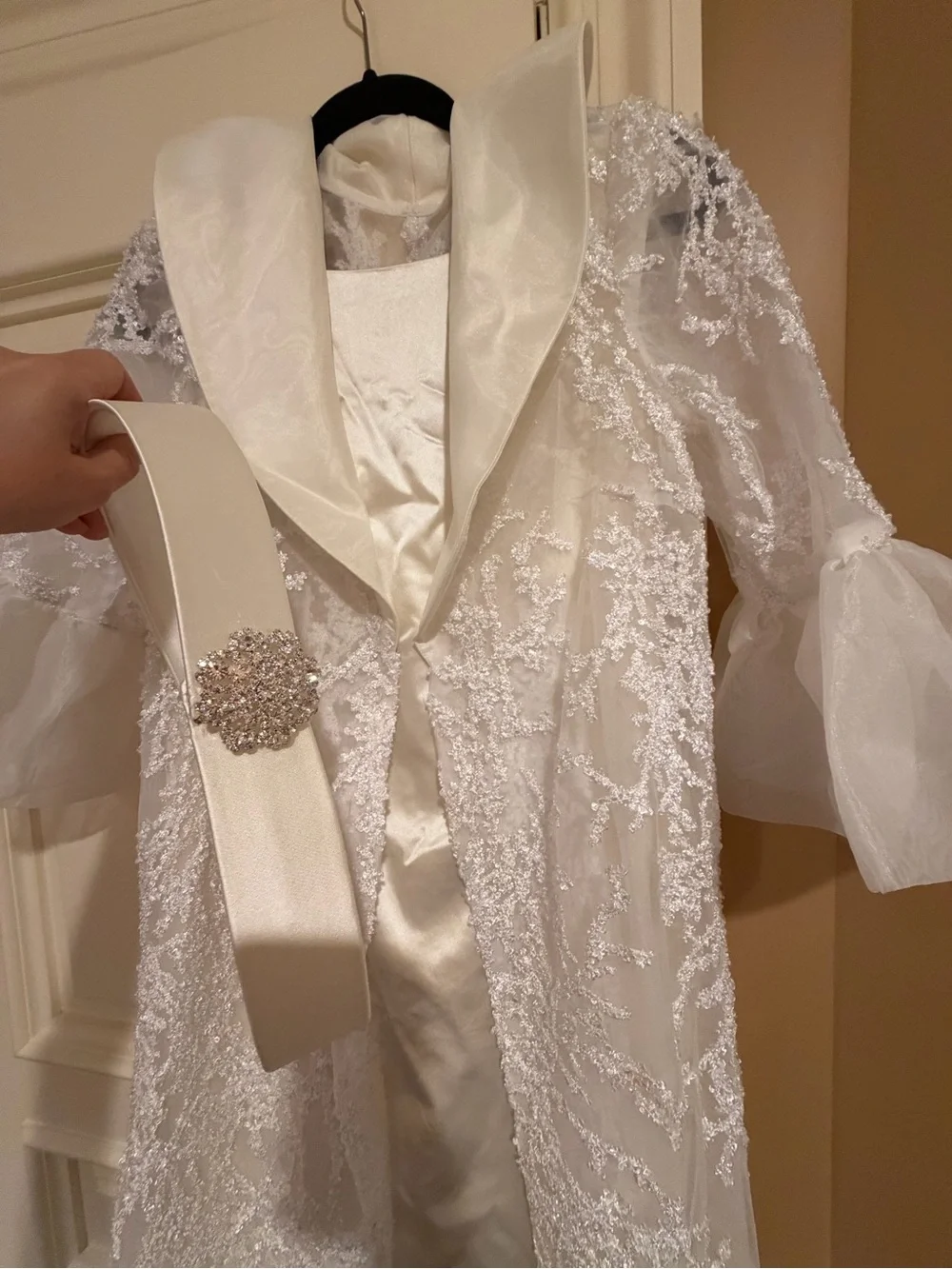 Girls White Beaded Lace Coat with Satin Belt